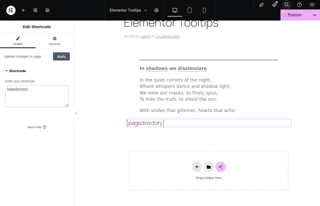 insert tooltip shortcode in elementor shortcode widget